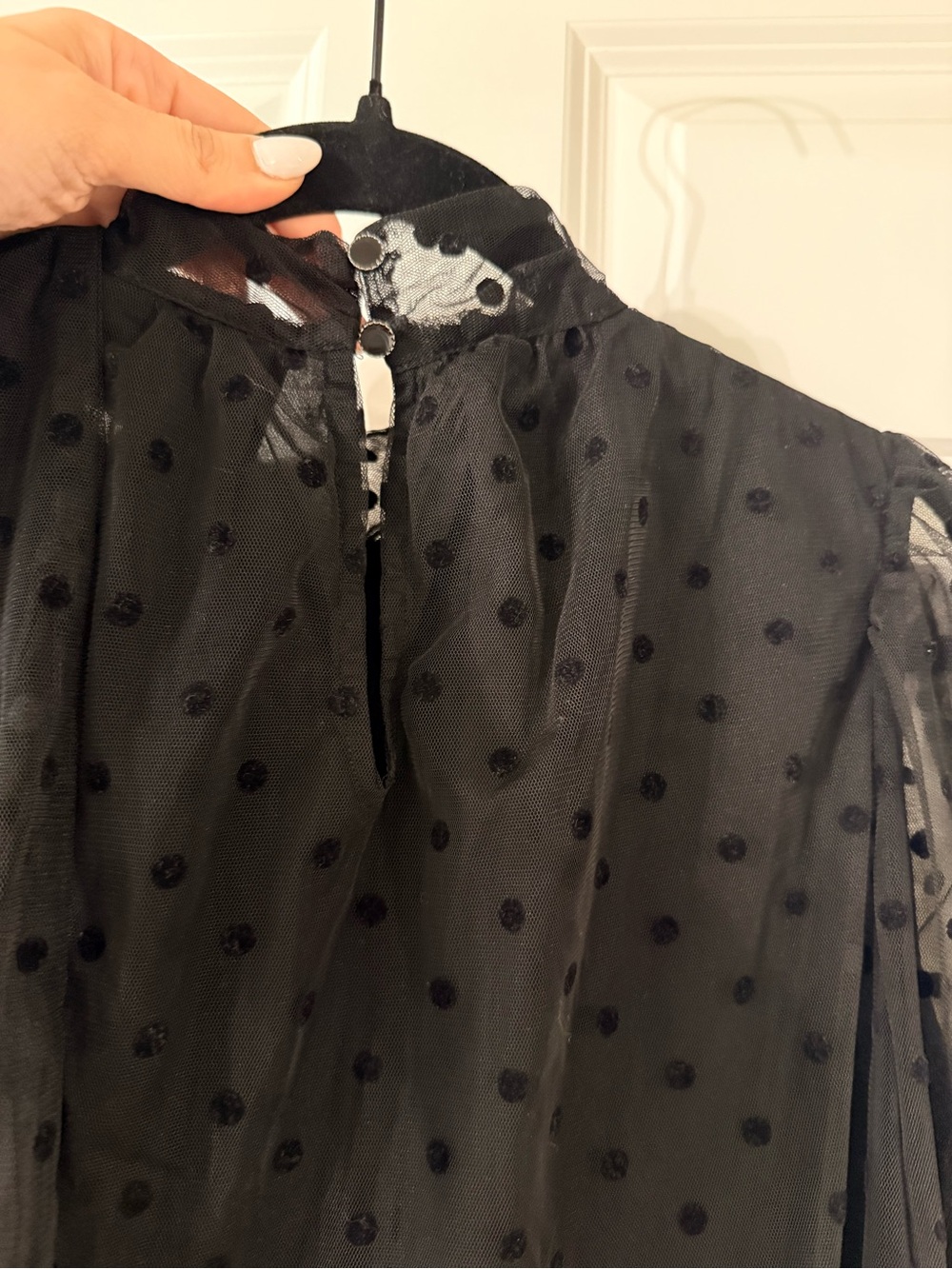Maeve Sheer Black Polka Dot Tie-Neck Blouse - Picture 4 of 5